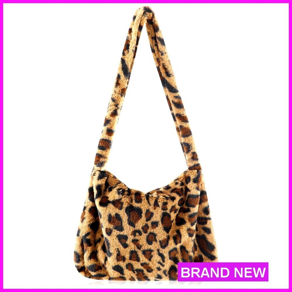 Faux Fur Tote Bag Medium Size Plush Leopard Print Clutch Handbag